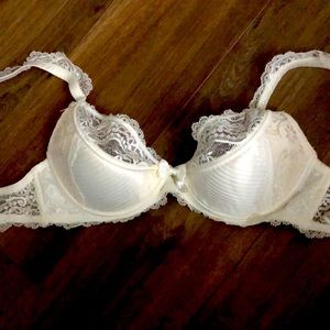Lacey jeweled bra in white with pleated satin